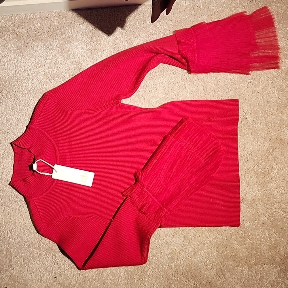 GB Girls mock neck knit pullover with layered tulle sleeves
